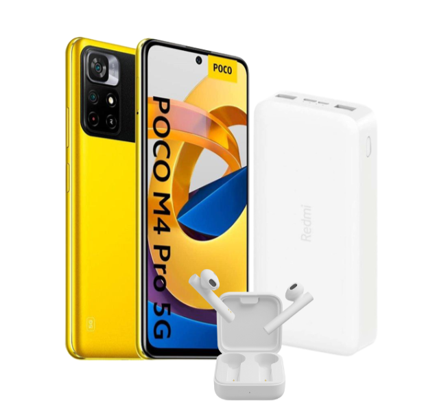 (КОМПЛЕКТ) РОСО М4 Рrо 5G 4GB/64GB (Желтый) + Внешний аккумулятор мощностью 20000mAh Redmi + Наушники Mi True 2 Basic